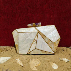 Handcrafted Mother of Pearl Geometric Panel Clutch with <b>Gold</b> Brass Frame Luxury Evening Party Designer <b>Handbag</b> - Product Image 1