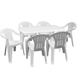 Set da pranzo ovale poltroncine in plastica bianca Set da 6 pezzi da tavolo Set da giardino foro centrale per ombrellone Design impilabile - Product Image 1