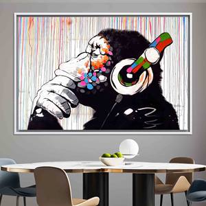 Impression sur toile Banksy Singe Réfléchissant : Œuvre d'art de singe style street art, TOILE ENCADRÉE BLANCHE - Product Image 1