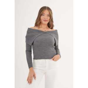 Pull en tricot anthracite pour femme avec col châle, disponible en gros - Product Image 4