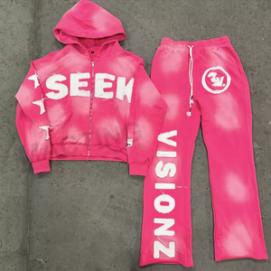 Ensemble survêtement vintage pour homme avec logo personnalisé brodé, sweat à capuche zippé intégral et pantalon de jogging en molleton 100% coton, coupe pattes d'éléphant, pour l'hiver - Product Image 1