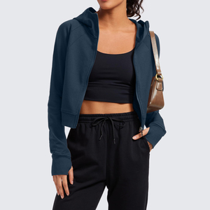 Hoodie court oversize tendance de haute qualité, couleur unie, personnalisé, à fermeture éclair, épaules tombantes, manches longues, pour femme - Product Image 2