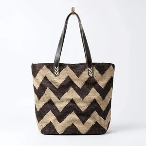 Bolso de mano de rafia tejida, bolso de hombro de gran capacidad, diseño de ondas, parte superior abierta para compras diarias y viajes - Product Image 2