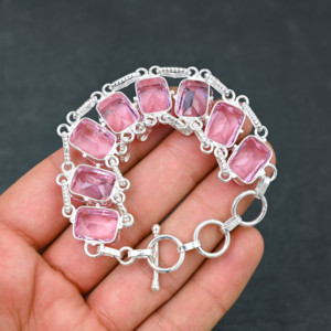 Pulsera de estilo cadena chapada en plata 925 hecha a mano, piedra preciosa kunzita Rosa creada en laboratorio, regalo de joyería fina de diseñador - Product Image 3