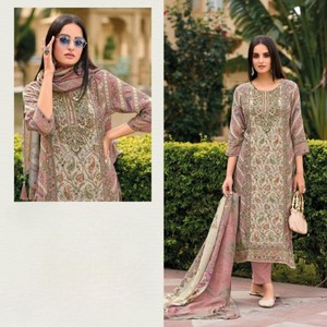 Matériel de robe de style ethnique en soie de maslin de viscose pure avec Aari et conception d'impression numérique - Product Image 1