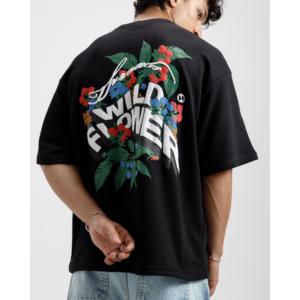 T-shirt imprimé fleurs sauvages 100% coton jersey respirant et confortable, imprimé délavé, logo uni, style court ajusté - Product Image 2