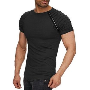 Trade Assurance hombres camisetas colores sólidos Slim pliegues cremallera manga moda manga corta Camiseta cuello redondo ropa Casual Streetwear - Product Image 3