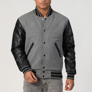 Blouson universitaire pour homme gris chiné en laine avec manches en cuir noir, fermeture éclair, patchwork, écologique, style urbain - Product Image 4