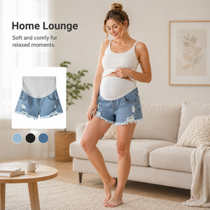 Shorts en jean <span class=keywords><strong>de</strong></span> maternité <span class=keywords><strong>taille</strong></span> haute pour femme enceinte avec soutien abdominal et poches – Collection été en promotion - Product Image 3