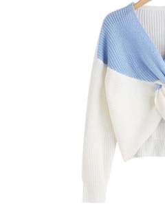 Manufacture Customized Women <b>Sky</b> <b>Blue</b> And Ribbed Knit Twist Front Sweater Long Sleeve V Neck Cropped Casual Winter Fashion <b>Top</b> - Product Image 4