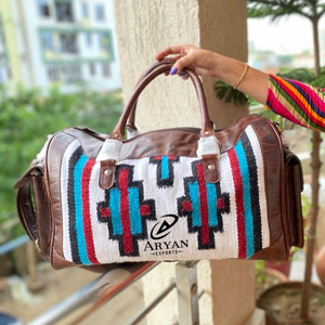 New Real Handmade Vintage Style Aztec <b>Tooled</b> <b>Leather</b> Duffel Bags Personalized Western Handwoven Wool <b>Leather</b> Large Travel Bags - Product Image 1
