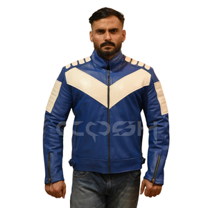 Unisex Blue Leather Biker <b>Jacket</b> With Beige Padded Shoulders & Front Zipper | Premium Fashion Outerwear Supplier - Product Image 5