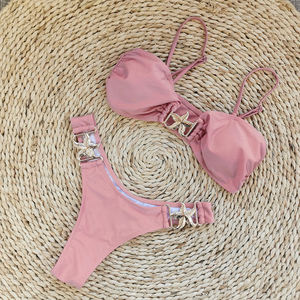 Shinny Luxury Crop <b>Top</b> Bandeau 2 Pieces Bikini 2025 Sexy New High Cut pink Cute Swimsuit Beachwear - Product Image 6
