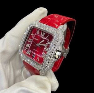 Relojes de Lujo Mecánicos de Acero Inoxidable para Hombre con Movimiento MiYOTA, Cristal de Zafiro, Correa de Goma Roja y Esfera Roja con Moissanita VVS - Product Image 4