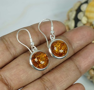 Boucle d'oreille crochet de forme ronde en ambre de la Baltique naturel en argent sterling massif 925 - Product Image 5