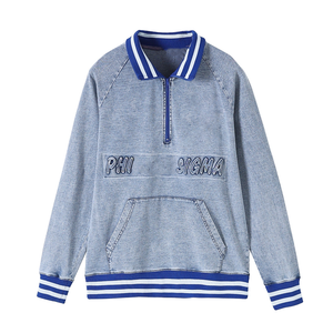 Sudadera con Cierre de Cremallera de un Cuarto, Estilo Chambray Lavado al Ácido, Unisex, con Logotipo Bordado en la Parte Delantera, Bolsillo Tipo Canguro, Etiqueta OEM - Product Image 1