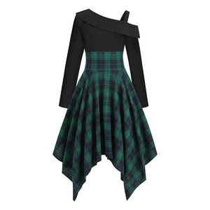 ชุดเดรสผ้ากันเปื้อนแฟชั่นสำหรับผู้หญิง แขนยาว ลายสก็อต ความยาวระดับเข่า พิมพ์ลายดิจิทัล ชายเสื้อไม่สม่ำเสมอ พร้อมสายคล้องไหล่ - Product Image 5