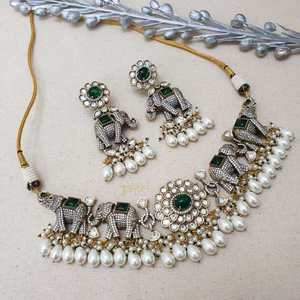 Elephant Design <b>Necklace</b> & <b>Earrings</b> with <b>Pearl</b> & Green Stone Fashion Jewelry <b>Sets</b> - Product Image 2