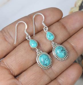 Estilo bohemio azul turquesa 925 plata esterlina piedras preciosas elegantes pendientes hechos a mano joyería turquesa pendientes regalo para Navidad - Product Image 2