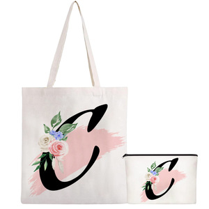 Nouveau sac fourre-tout en toile à motif floral et alphabet avec pochette cosmétique, fermeture éclair, doublure en polyester, sac à bandoulière - Product Image 4