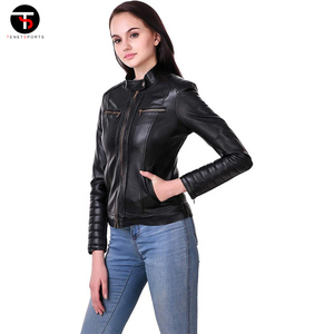 Chaqueta de motorista negra con cremallera de piel de oveja de cuero real para mujer con forro y bolsillos exteriores interiores transpirables - Product Image 4
