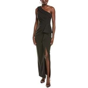 Abito lungo monospalla nero in crêpe con volant Vince Camuto, silhouette aderente, vita naturale, taglia 8 - Product Image 1