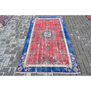 Turkish Vintage Area Rug 3.9x7.1 ft, <b>Red</b> <b>Wool</b> Rug - Product Image 1