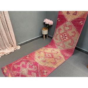 2.6x11.3 ft Vintage <b>Runner</b> Rug, <b>Red</b> Yellow Turkish Ikat Wool Rug - Product Image 2