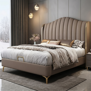 Lit King Size Moderne en Cuir Nappa Mat, Rembourré et Moelleux, Style Crème Nuage, pour <span class=keywords><strong>Chambre</strong></span> Parentale - Product Image 3