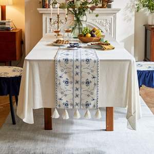 Boutique linen table <b>runners</b> with custom embroidery work designed for unique dining table styling homes - Product Image 2
