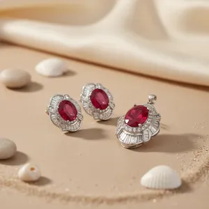 Ensemble de bijoux classiques hypoallergéniques en argent 925 pour femmes Art Palace, pendentif en rubis et zircon, boucles d'oreilles, perle, diamant, fleur en or rose - Product Image 2