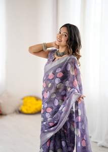 Saree Lilan patta imprimé pour femmes de nouveau design avec chemisier non cousu | - Product Image 6