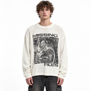 Camiseta Personalizada de Manga Larga con Cuello Redondo, 100% Algodón, Tejido Waffle, Impresión Serigráfica, Estilo Vintage Desgastado, Moda Urbana - Product Image 1