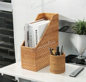 Modern & Unique New Design Natural Rattan and Bamboo <b>Magazine</b> Holder Space-Saving Office Table Pen Stand - Product Image 2