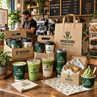 AT PACK Fournitures personnalisées pour la boutique de matcha avec gobelets en papier personnalisés, sacs à emporter, porte-boissons, boîtes d'emballage et accessoires de café