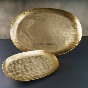 Unique Texture Designer Gold Plated Superior Quality Metal Oval Shape Serving <b>Tray</b> For Wedding & Parties Table Centerpiece - Product Image 1