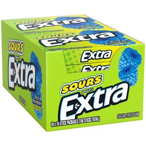 EXTRA SOURS Chewing-gum sans sucre à la framboise bleue, bonbons acidulés aux fruits, paquet de 15 bâtonnets, 10 unités - Product Image 1