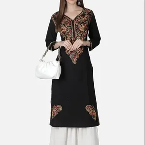 Hot Selling Party Wear Women Clothes Hand Embroidered Black Cotton Lucknowi Chikankari Women's Straight Kurta Kurti
