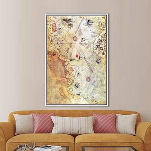 Arte impreso en lienzo del mapa de Piri Reis: decoración de pared con mapa del mundo antiguo, enmarcado en blanco - Product Image 1