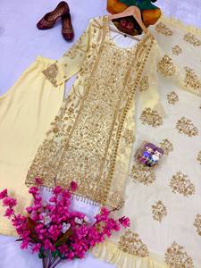 Salwar Kameez Dupatta Pakistaní de Diseño para Mujer, Color Beige, Bordado, de Piel Sintética Reversible y Elástica, para Invierno/Verano, Hasta la Rodilla - Product Image 3