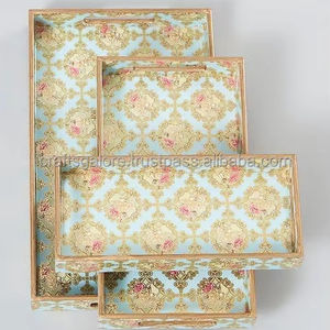 Bandeja de madera hecha a mano con incrustaciones de esmalte para sala de estar DE LA India Bandejas decorativas al por mayor a precio barato - Product Image 1
