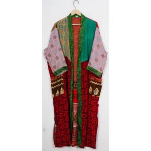 Indian Vintage Style Elegant Recycled Patchwork Sari <b>Kimono</b> Maternity Gown Women's 100% <b>Silk</b> Front V-neck Home Use Beachwear - Product Image 1