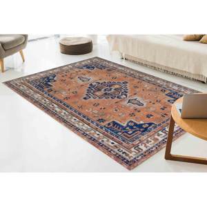 Tapis géométrique bleu marine antidérapant, tapis turc lavable en machine, avec poils doux - Product Image 1
