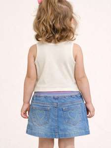Conjunto de Falda y Top de Tirantes Acanalado Estilo Denim Lavado para Niños con Lazo, Unisex, Ropa Casual de Verano para Niños, Color Sólido - Product Image 3