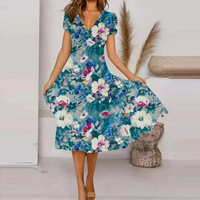 Robe longue élégante pour femme à imprimé floral, manches courtes, col en V, taille haute empire, idéale pour la plage - Grande Vente