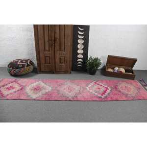 พรมตุรกีขนาด 2.5x11.5 ฟุต, พรมเฮอร์กีวินเทจ, พรมขนสัตว์สีชมพูล้วน - Product Image 3