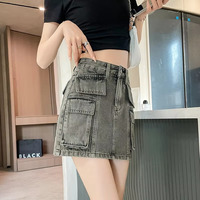 Jupe-short en jean vintage taille haute respirante 100 % coton délavé moyen coupe droite multi-poches à motifs diamants pour femme