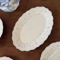 Assiette de service ovale vintage en céramique 10/12 pouces, motif floral bleu en relief, vaisselle en porcelaine pour mariage, hôtel et restaurant