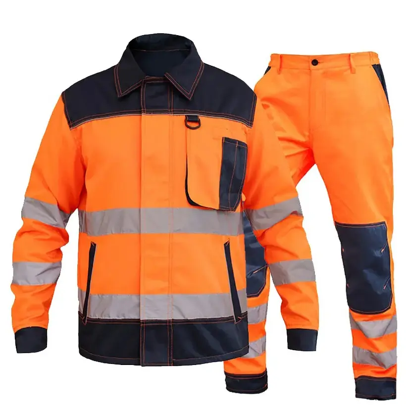 Celana kargo jaket keselamatan pria, pakaian kerja reflektif oranye banyak saku tahan setelan pakaian kerja visibilitas tinggi