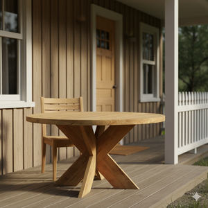 Mesa Redonda Moderna de Madera Maciza Hecha a Mano SOLOBEAT con Base en Forma de X, Ecológica, para Comedor, Hostelería, Uso en Exteriores y Sala de Estar - Product Image 1